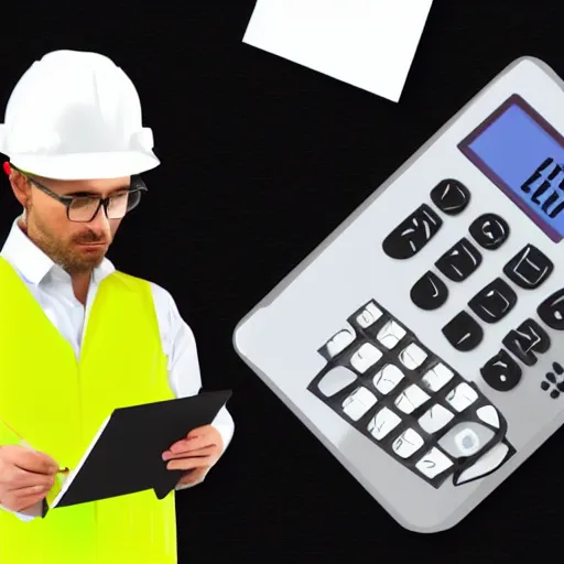 Image similar to a worker with a hard hat and reflective vest writing in a notepad holding a calculator vector, 3 d, realistic