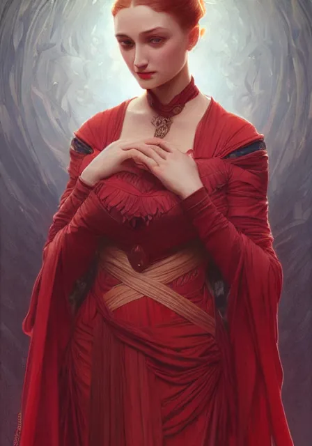 Image similar to portrait of sansa dark crimson, intricate, elegant, highly detailed, digital painting, artstation, concept art, smooth, sharp focus, illustration, art by artgerm and greg rutkowski and alphonse mucha and william - adolphe bouguereau