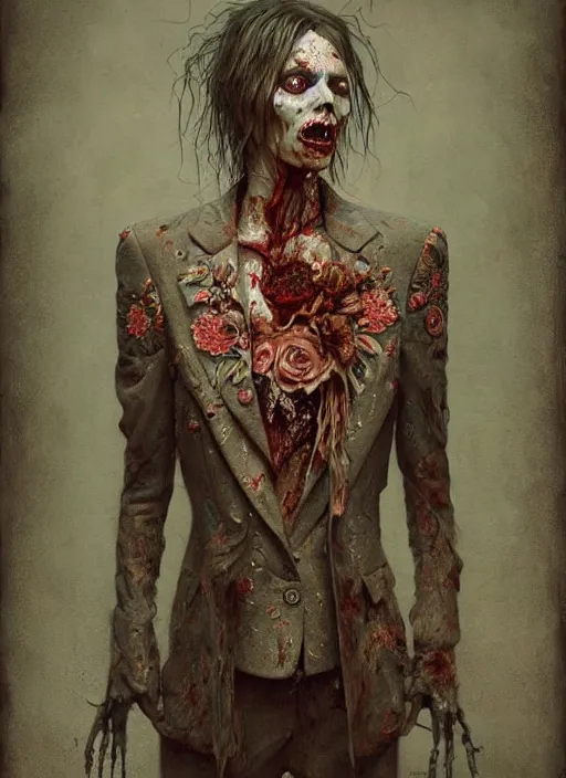 Image similar to a beautifully rendered portrait of an upright and fed up intricately hand - carved zombie wearing a floral embroidered blazer, by gerald brim and tom bagshaw and beksinski, trending on artstation, 8 k, full subject in frame, upright