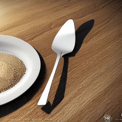 Image similar to a hyperdetailed fork made of sand, 3 d render, ultra high detail, octane render, rtx, hdr, the fork has a sand texture, the fork is on a plate, the plate is on a wooden table.