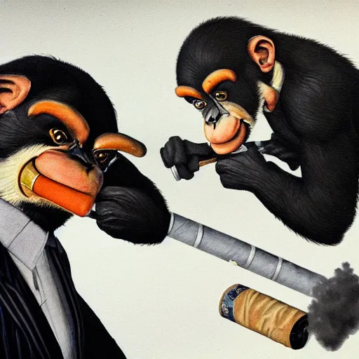 Image similar to a high detail photo of an antropomorphic chimp wearing a suit smoking a cigarrette, subject= chimp, subject detail: wearing a suit, subject action: smoking a cigarrette photorealism