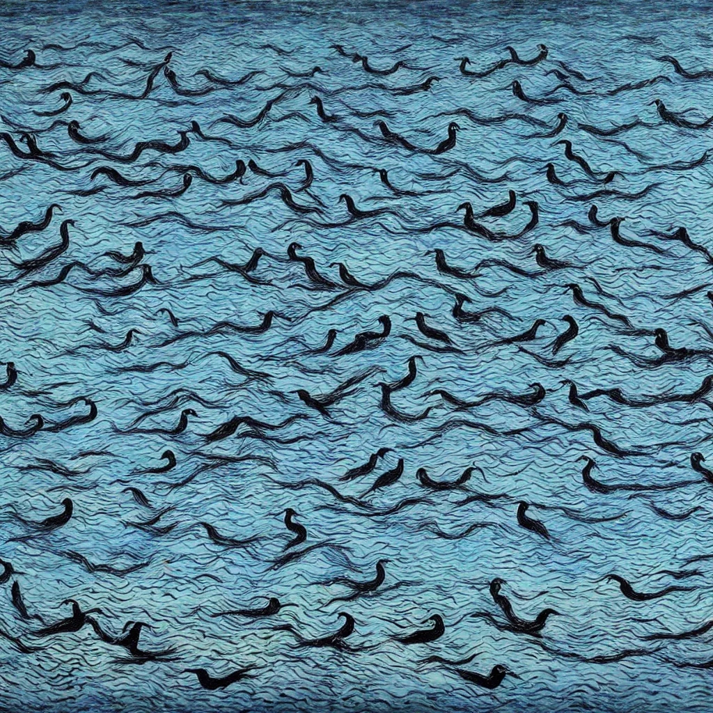 Image similar to blackswans in a lake, lake is super blue, sky is visible, lake surrounded by forest, by collaboration of M. C. Escher and Salvador Dali and Van Gogh