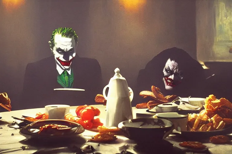 Image similar to morning light, highly detailed portrait of Batman eating breakfast, the head of the joker is placed on the table, atmospheric lighting, masterpiece, award winning painting by Emmanuel Lubezki