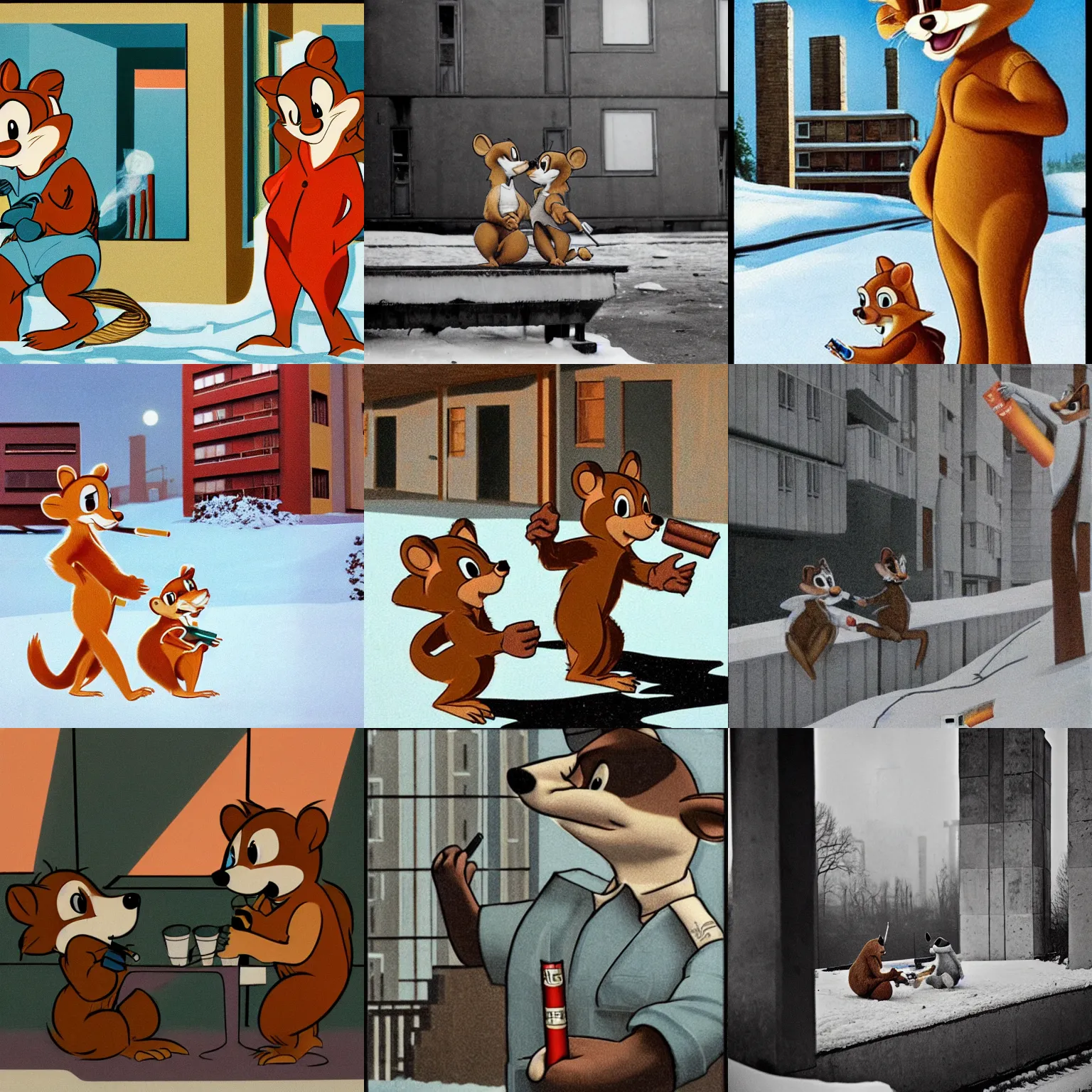 Prompt: Chip and Dale smoking cigarettes, winter, soviet Plattenbau houses at the background