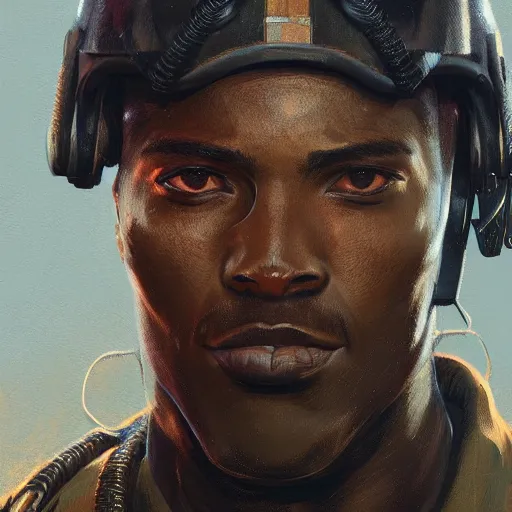 Prompt: Portrait of a black man with buzzcut as a soldier character in Fallout 4, gorgeous, beautiful, intricate, highly detailed, digital painting, artstation, oppressive lighting, concept art, sharp focus, illustration, art by greg rutkowski and alphonse mucha