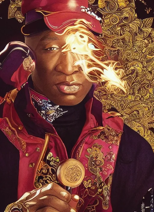 Prompt: grand master flash surrounded smoking a cigar by starlight, moon behind, chinese fantasy, intricate complexity, elegant, hyper detailed, scattered diffusion, ultra definition, photoreal, artstation, unreal engine rendered, concept art, smooth, sharp focus, illustration, art by artgerm and pendleton ward and alphonse mucha and garis edelweiss