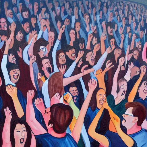 Image similar to A painting of a large group of people cheering at a rising stock chart behind them