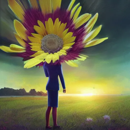 Image similar to giant daisy flower head, frontal, a girl in a suit, surreal photography, sunrise, dramatic light, impressionist painting, digital painting, artstation, simon stalenhag