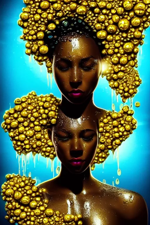 Prompt: hyperrealistic post - futurist cinematic very expressive! profile black oshun goddess, in water!! up to shoulders, mirror dripping droplet!, gold flowers, highly detailed face, digital art masterpiece, smooth eric zener cam de leon, dynamic pearlescent turquoise light, low angle uhd 8 k, sharp focus