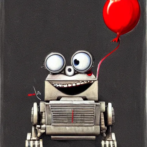 Image similar to surrealism grunge cartoon portrait sketch of wall-e with a wide smile and a red balloon by - michael karcz, loony toons style, wall-e style, horror theme, detailed, elegant, intricate