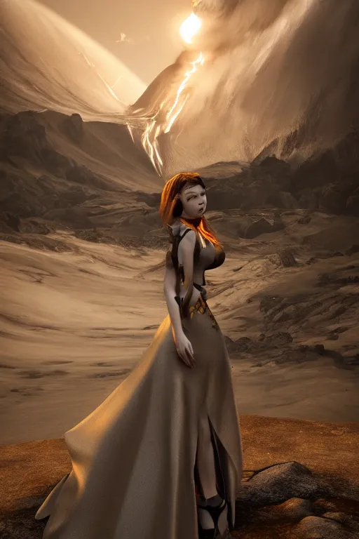 Prompt: a girl in a magnificent dress stands near a volcano, photorealistic, high resolution, trending on artstation, highly detailed, volumetric lighting