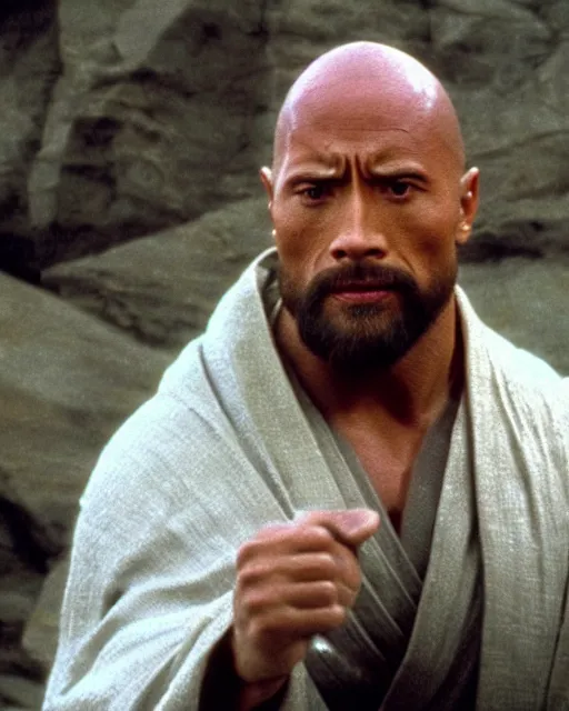 Image similar to Film still close-up shot of Dwayne Johnson as Obi-Wan Kenobi from the movie Return of the Jedi. Photographic, photography