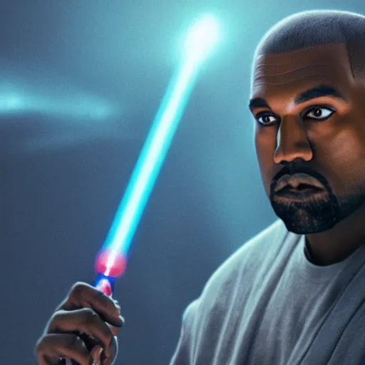 Prompt: Portrait of Kanye West as a jedi, splash art, cinematic lighting, dramatic, octane render, long lens, shallow depth of field, bokeh, anamorphic lens flare, 8k, hyper detailed, 35mm film grain