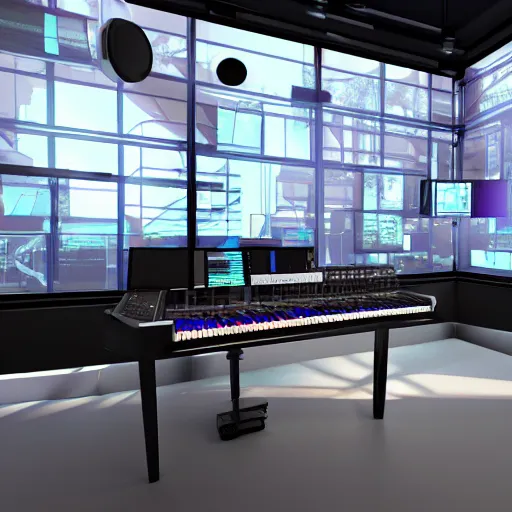 Prompt: Virtual Reality music studio Ableton Live theme concept, light rays coming out of the windows, Paris loft style, raytracing, highly detailed, futuristic, unreal engine 5, photoscan