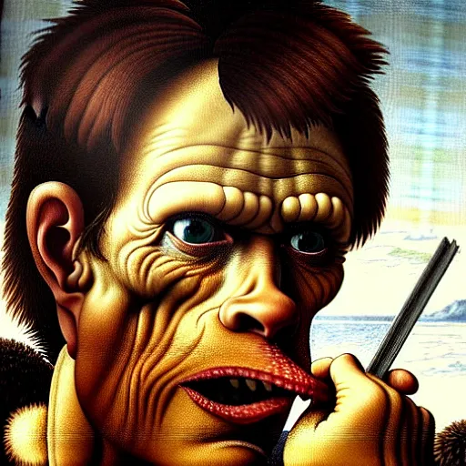 Image similar to close up portrait of willem dafoe eating an entire horse, oil painting, high detail, dark lighting, atmospheric, extremely detailed, intricate, da vinci, michelangelo, caravaggio, hans holbein, 8 k