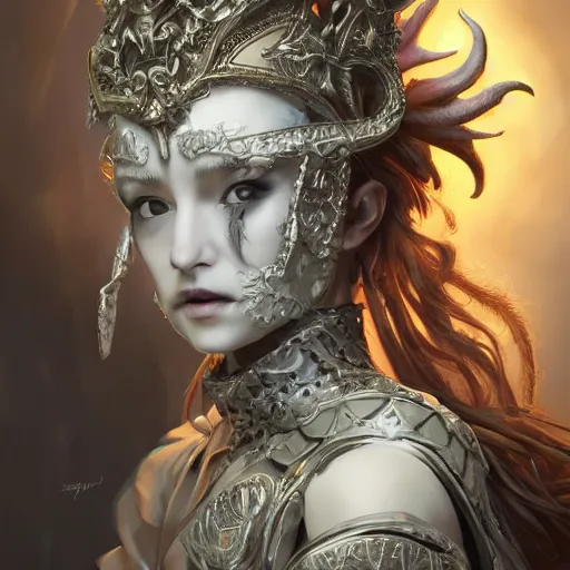 Image similar to A masterpiece ultrarealistic ultradetailed portrait of a Incredibly beautiful angel druid armored princess knight-ghost with Skull Iron mask. baroque renaissance girl in the night forest. medium shot, intricate, elegant, highly detailed. trending on artstation, digital art, by Stanley Artgerm Lau, WLOP, Rossdraws, James Jean, Andrei Riabovitchev, Marc Simonetti, Yoshitaka Amano. background by James Jean and Gustav Klimt, light by Julie Bell, 4k, porcelain skin.