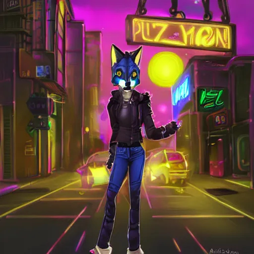 Image similar to beautiful commission digital art portrait commission of an androgynous furry anthro wolf wearing punk clothes in the streets of a cyberpunk city. neon signs. made by zaush, rick griffin, tessgarman, angiewolf, miles df, smileeeeeee, ethrk, fa, furraffinity