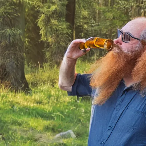 Prompt: A friendly 65 yo man with a long ginger beard, long hair, with glasses, blue eyes, nature park ranger with binoculars, holding a beer next to a big Belgian shepherd, high detail, digital art