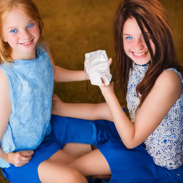 Prompt: A close-up studio photographic portrait of a vibrant blue-eyed girl with a joyful smile receiving her white prosthetic leg. Golden hour, wide-angle lens, soft focus, low angle. Kodachrome.
