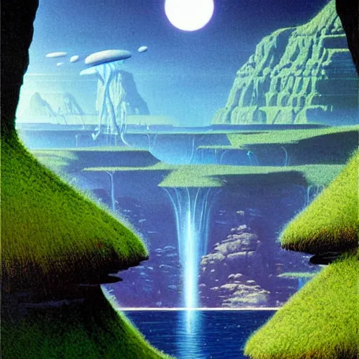 Image similar to beautiful illustration of a lush natural scene on an alien planet by vincent di fate. science fiction. extremely detailed. beautiful landscape. weird vegetation. cliffs and water.