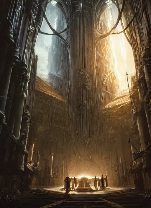 Image similar to a medieval adventurer inside an enormous alien cathedral,, lord of the rings, portal to another dimension, cinematic lighting, highly detailed, sharp focus, perfect composition, 4 k, artgerm, derek zabrocki, greg rutkowski