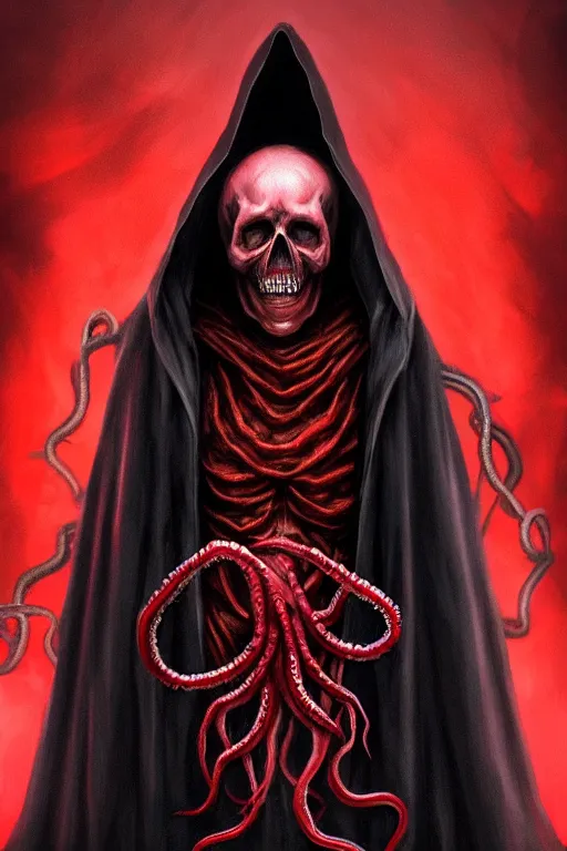 Prompt: A full body portrait of a mysterious character with a realistic skull with a very long hooded blood red and black cloak, tentacles coming out the ground art by Shaddy Safadi and Jason Chan, ominous, cosmic horror, trending on artstation, Ultra detailed, hyper realistic 4k