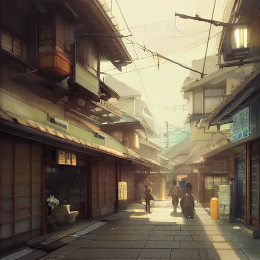 Image similar to walking around ozu city and shimonad station, ehime, japan. volumetric lighting, realistic illustration, perfectly shaded, soft painting, art by krenz cushart and wenjun lin