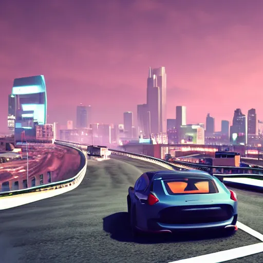 Prompt: a car driving down a road with a city in the background, a screenshot, featured on cg society, playstation 5 screenshot