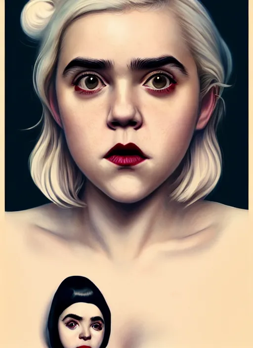 Image similar to full body portrait, kiernan shipka as sabrina spellman, white hair, obese, bangs, sultry, realistic, sultry smirk, fluffy bangs, freckles, fat, belly, intricate, elegant, highly detailed, digital painting, artstation, concept art, smooth, sharp focus, illustration, art by wlop, mars ravelo and greg rutkowski