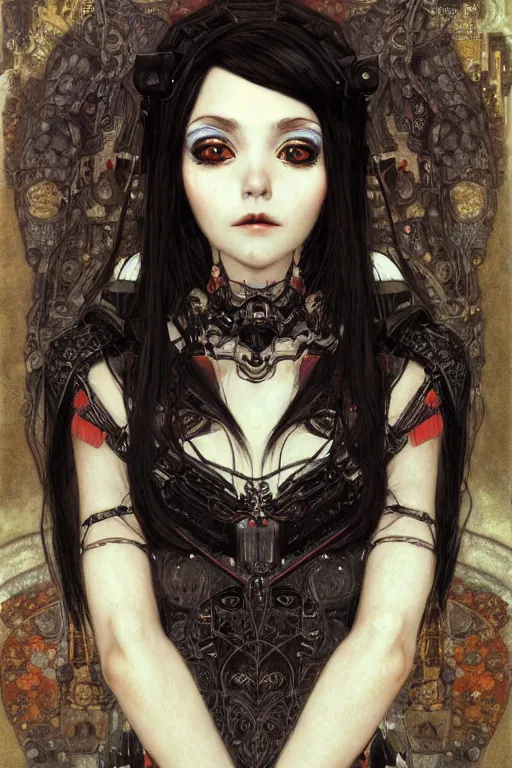 Prompt: portrait of beautiful young gothic maiden, cute anime face, cyberpunk, Warhammer, highly detailed, artstation, illustration, art by Gustav Klimt