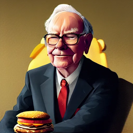 Prompt: portrait of warren buffett, sitting inside a mcdonalds, hamburger, exude an eternity, hyperrealistic, by beeple, greg rutkowski, caspar david friedrich, smooth, illustration, elegant, artstation, digital painting.