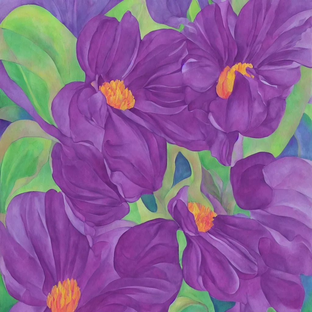 Image similar to a painting of a beautiful flower in the style of georgia o'keeffe, pink and purple colour scheme.