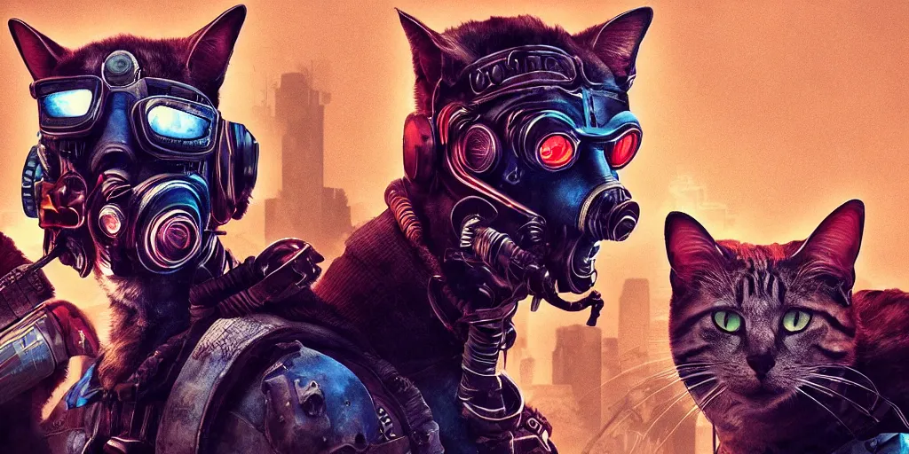 Image similar to cyberpunk cat and normal cat, brothers, fallout 5, studio lighting, deep colors, apocalyptic setting