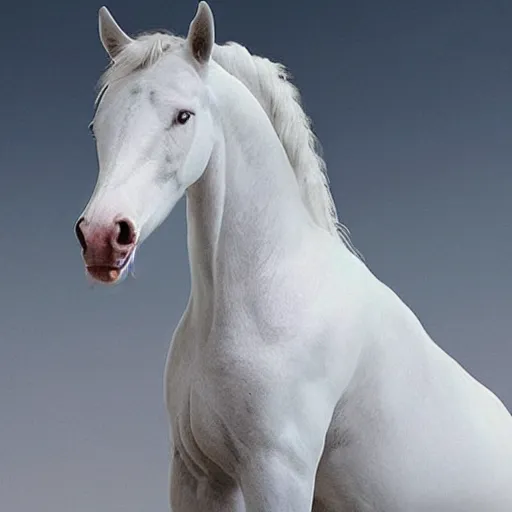 Prompt: a beautiful white realistic horse that is held up by 2 realistic human hands