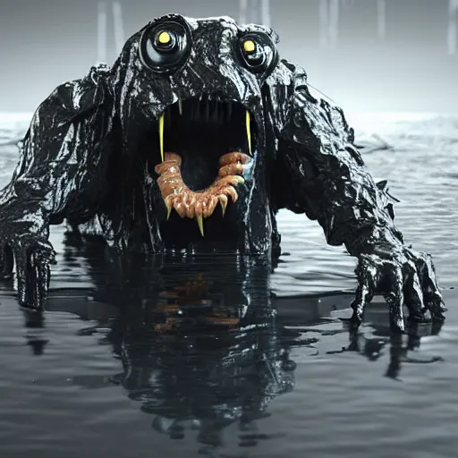 Image similar to the ghastly amorphous plastic monster rising uncontrollably out of an artificial swamp made of molten plastic, the monster looks like a garbage bag, cgsociety, high detailed, photo of the year 2 0 2 2