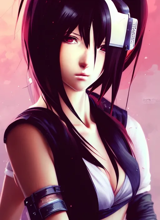 Image similar to portrait of beautiful young anime girl, cute-fine-face, realistic shaded, Perfect face, fine details. Anime, cyberpunk, Final fantasy, tifa, highly detailed, artstation, illustration, art by Ilya Kuvshinov and Gustav Klimt