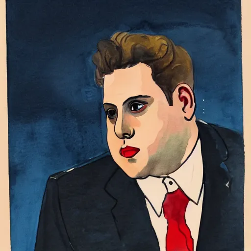 Image similar to jonah hill, stylized. Watercolor and ink. 1940s.
