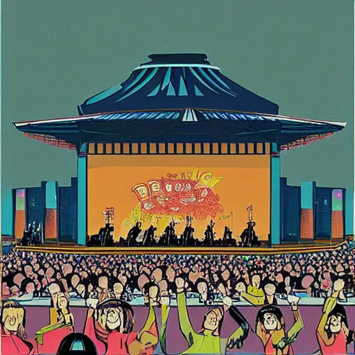 Prompt: The Beatles playing in the Budokan, manga illustration,