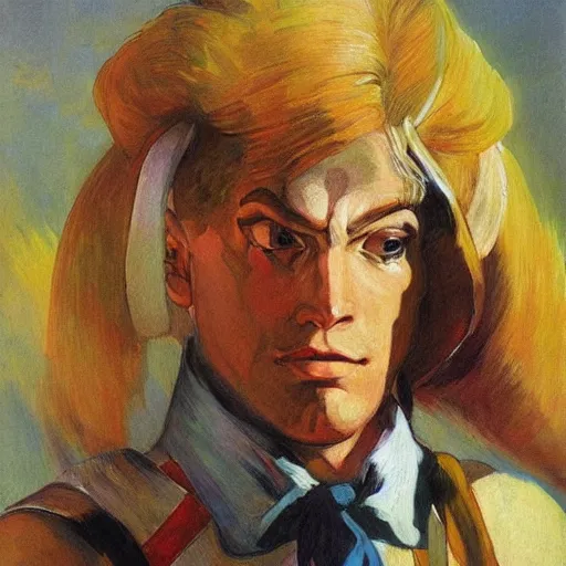 Image similar to ken from street fighter 2 in real life in the style of malczewski, jacek