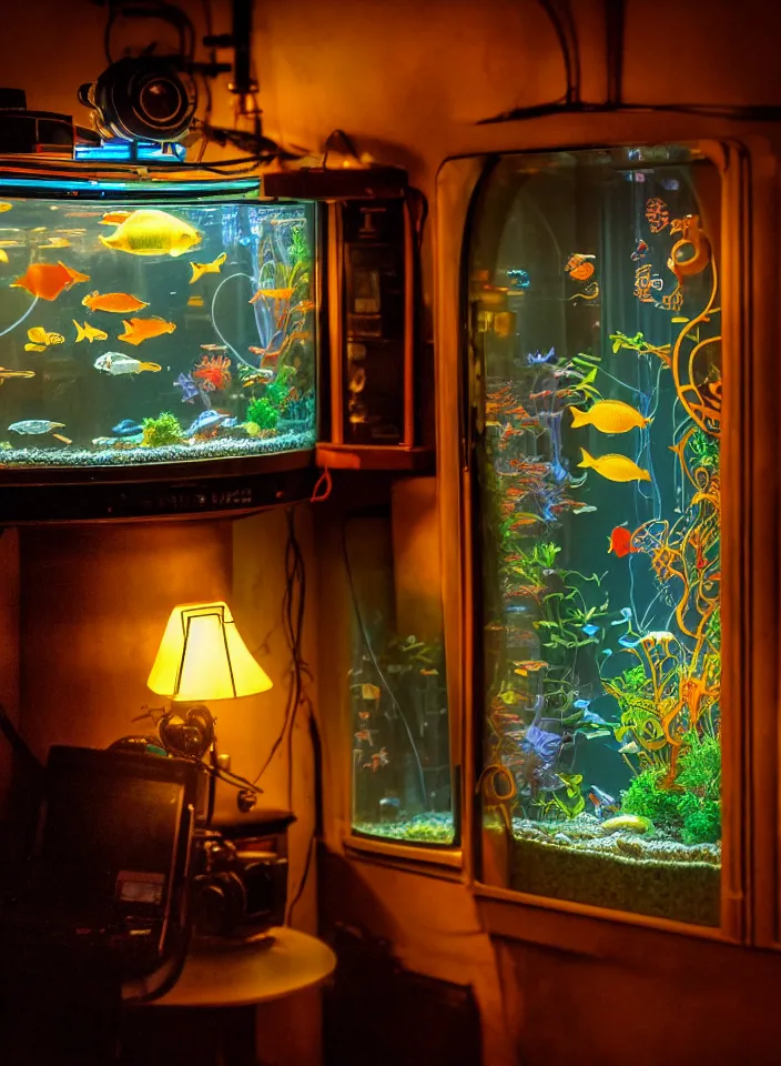 Image similar to telephoto 7 0 mm f / 2. 8 iso 2 0 0 photograph depicting the feeling of chrysalism in a cosy safe cluttered french sci - fi art nouveau cyberpunk apartment in a dreamstate art cinema style. ( ( ( fish tank ) ) ), ambient light.