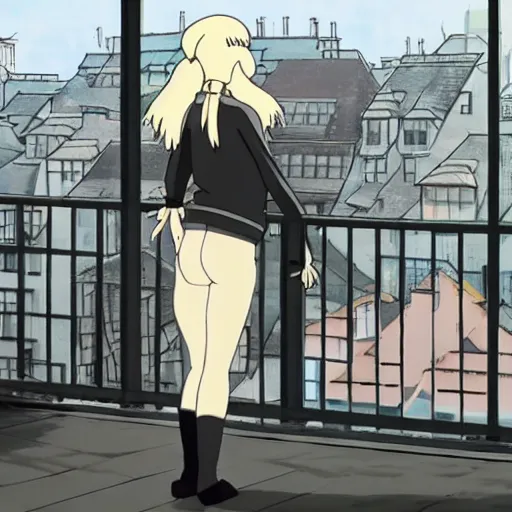 Image similar to a blonde woman wearing black with a ponytail stands on her balcony, still from urban scenes directed by Hayao Miyazaki