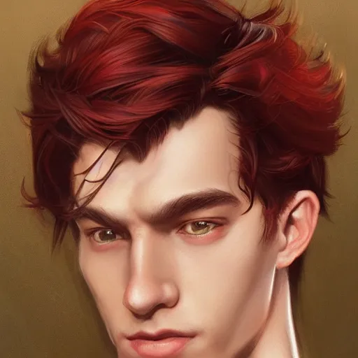 Prompt: portrait of a young spiderman handsome, male, masculine, upper body, red hair,, d & d, fantasy, fierce, sharp features, intricate, elegant, highly detailed, digital painting, artstation, concept art, matte, sharp focus, illustration, art by artgerm and greg rutkowski and alphonse mucha