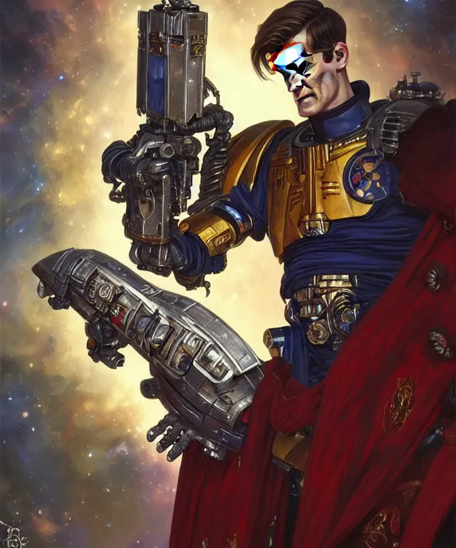 Image similar to Matt Smith Doctor Who as Warhammer 40k Space Marine, portrait, fantasy, intricate, elegant, highly detailed, digital painting, artstation, concept art, smooth, sharp focus, illustration, art by artgerm and greg rutkowski and alphonse mucha