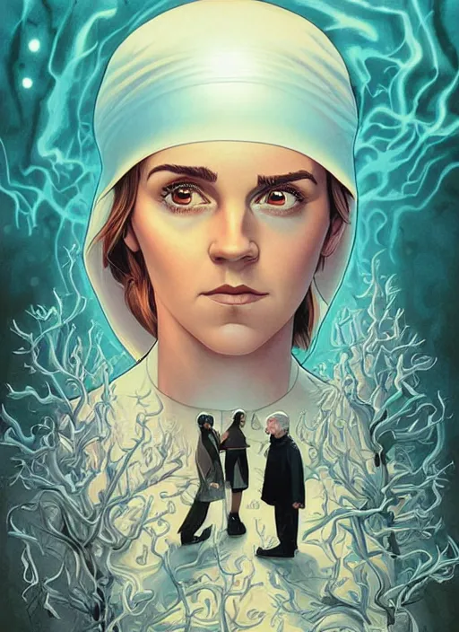 Prompt: poster artwork by Michael Whelan and Tomer Hanuka, Karol Bak of Emma Watson nun and Kiernan Shipka scientist, team up, science vs religion, from scene from Twin Peaks, clean