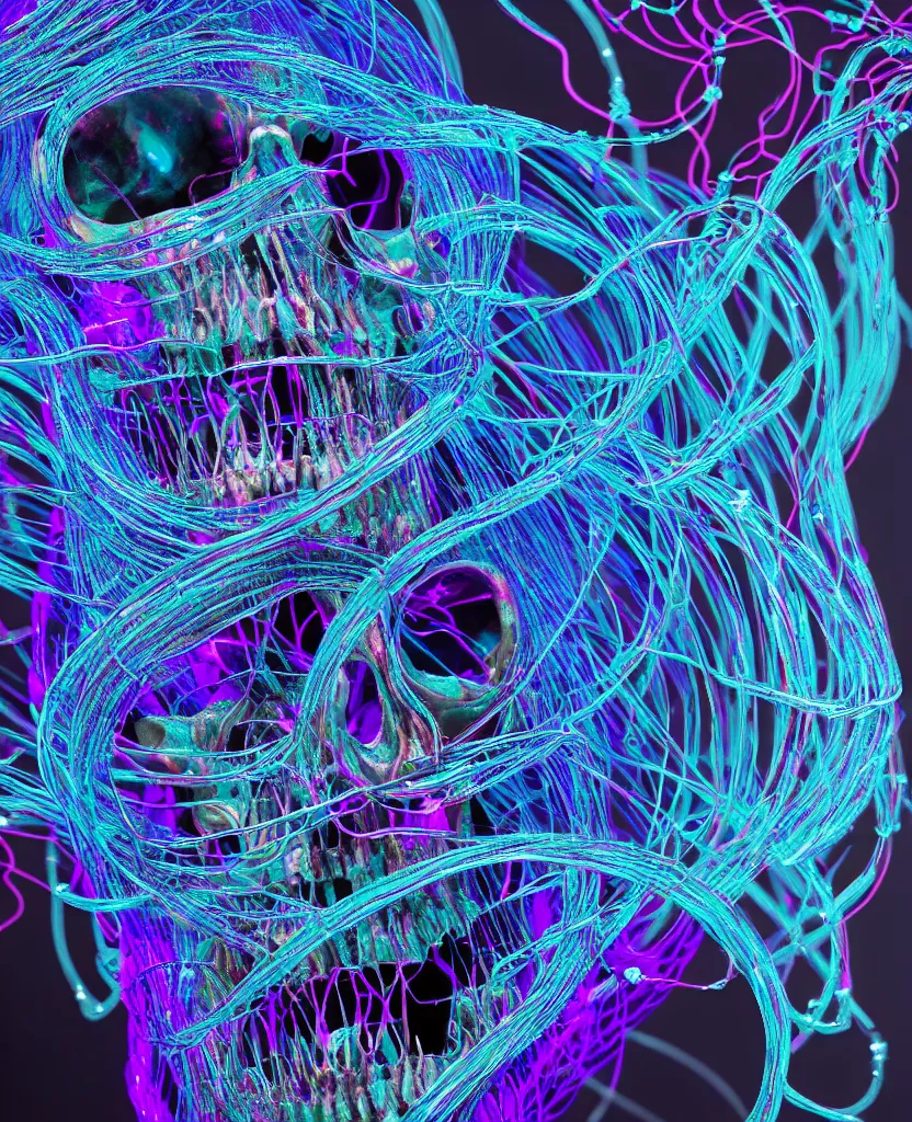 Image similar to close-up portrait of skull dichroic wires and cables jellyfish skull, betta fish, bioluminiscent creatures, intricate artwork by Tooth Wu and wlop and beeple. octane render, trending on artstation, greg rutkowski very coherent symmetrical artwork. cinematic, hyper realism, high detail, octane render, 8k
