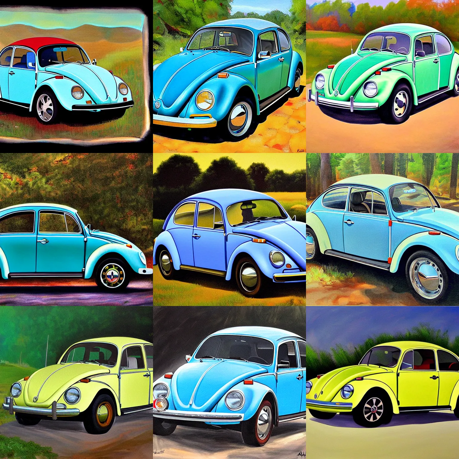 Prompt: painting of a 1970 vw beetle painted by Asher Brown Durand