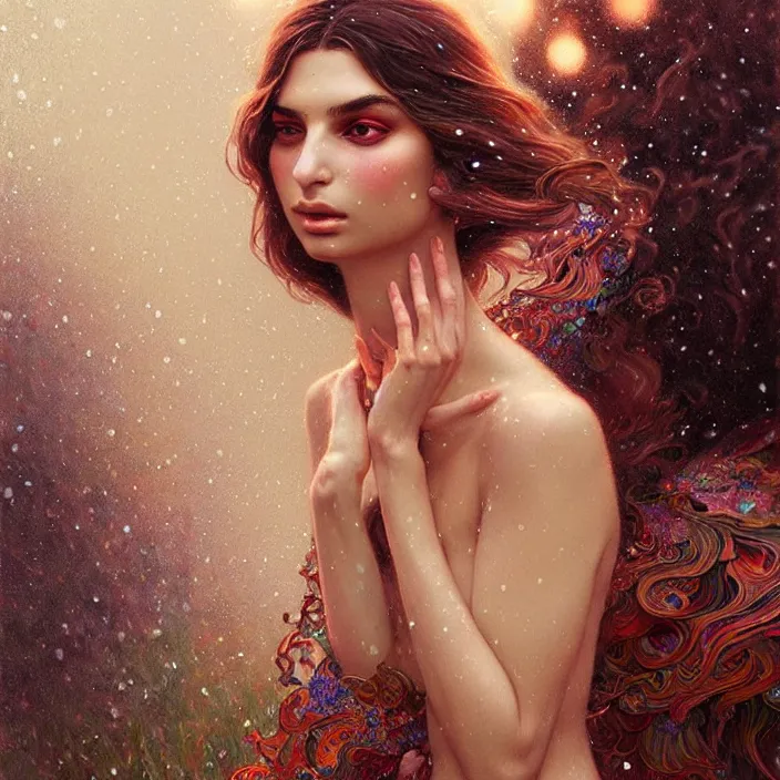 Image similar to psychedelic snowfall Emily Ratajkowski, diffuse lighting, fantasy, intricate, elegant, highly detailed, lifelike, photorealistic, digital painting, artstation, illustration, concept art, smooth, sharp focus, art by John Collier and Albert Aublet and Krenz Cushart and Artem Demura and Alphonse Mucha