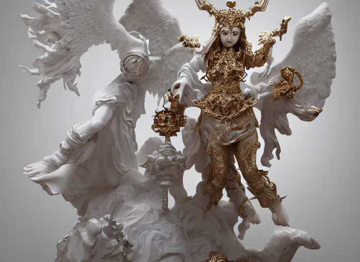 Image similar to high intricate porcelain baroque angelic priest fighting the hell demon, maria panfilova, andrea savchenko, mike kime, ludovic plouffe, qi sheng luo, oliver cook, trending on artstation