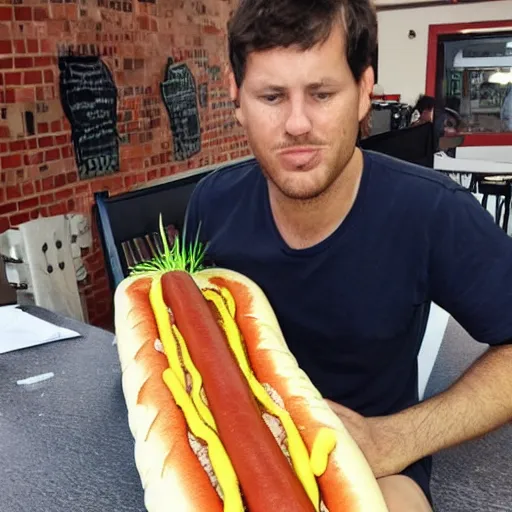 Image similar to man eating a ten foot long hotdog