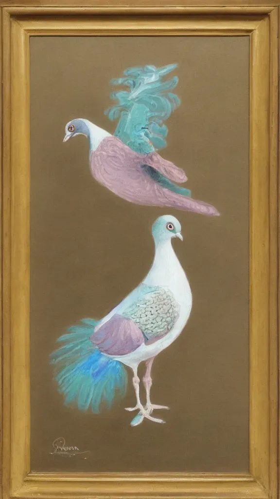 Image similar to rococo painting of a pigeon, pastel colour palette, iridescent